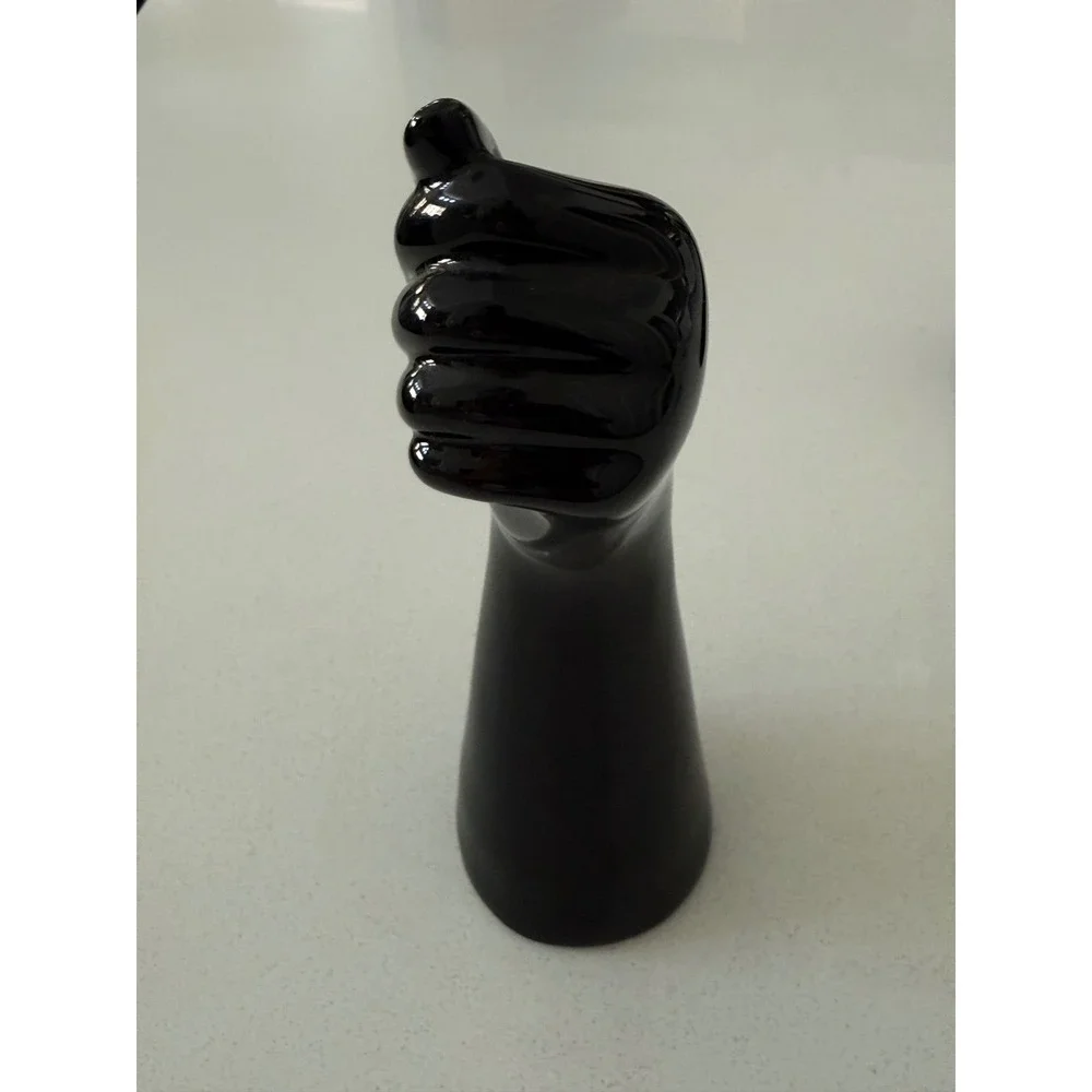 Modern Glossy Black Ceramic Hand Fist Bud Vase Sculptural Home Decor Art